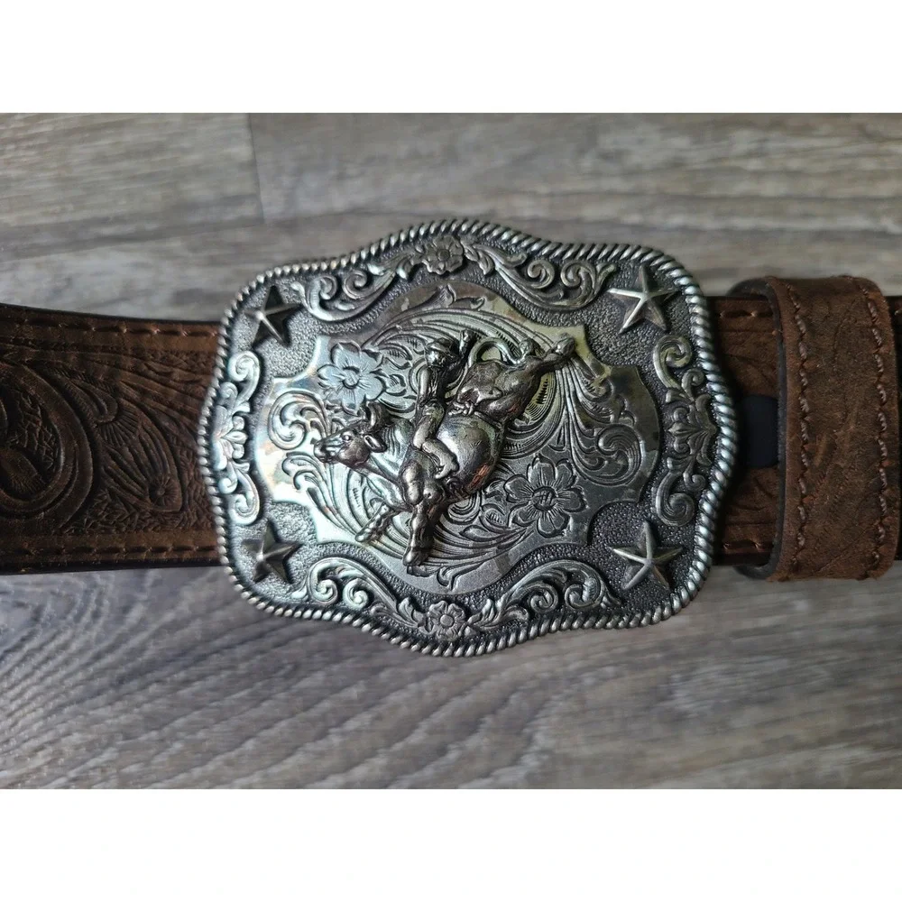 Nocona Embossed Floral Brown Leather Belt Silver Rodeo Bull Rider Stamped Buckle - Picture 4 of 9